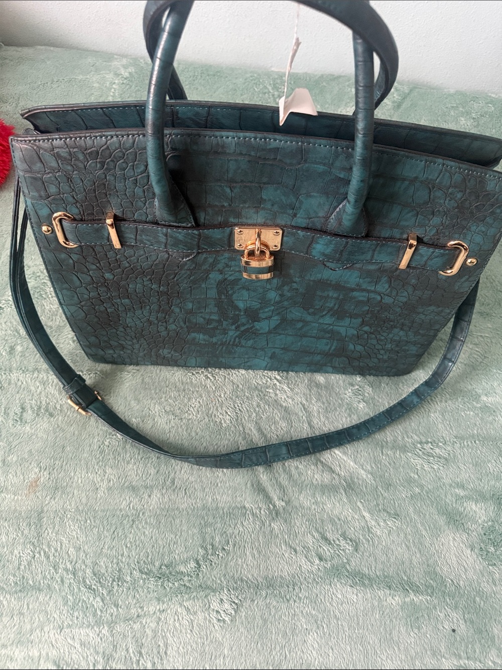 Croc-Embossed Teal Satchel with Gold Lock and Strap
